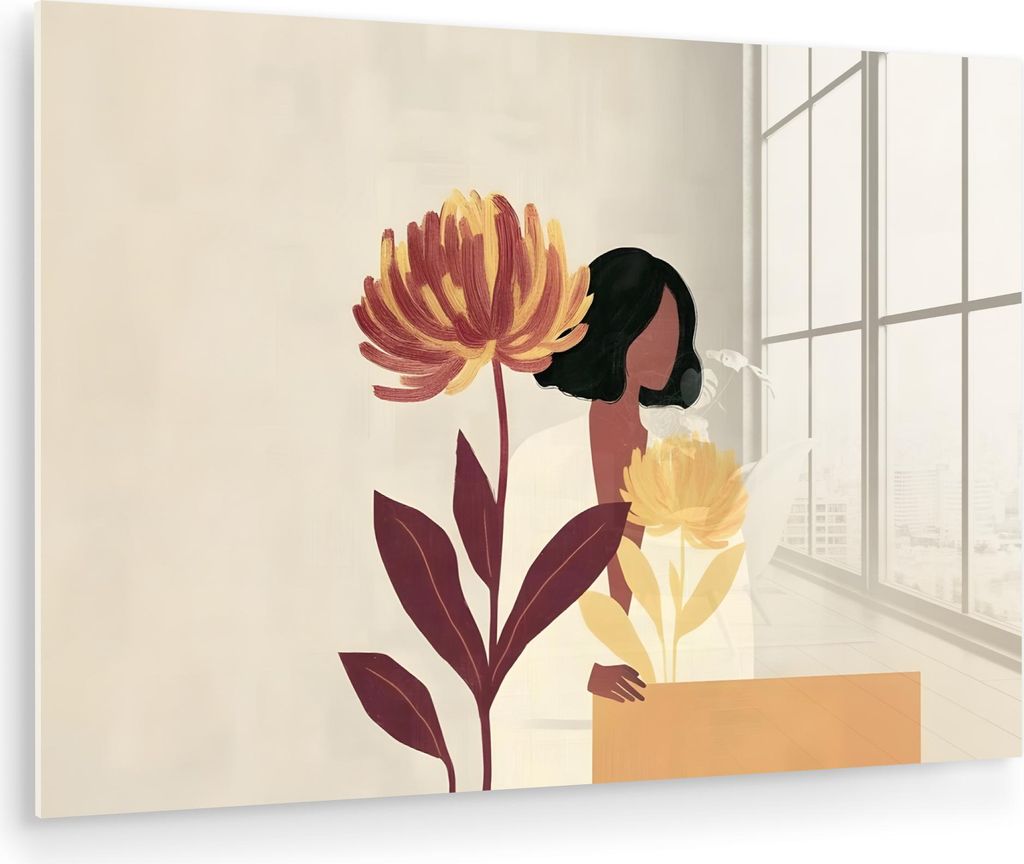 MuchoWow Glasbilder - Bilder auf Wandbild - Foto auf Glas Frau - Minimalistisch - Blume 90x60 cm Wanddekoration aus Glas - Acrylglasbild - Acrylbil...