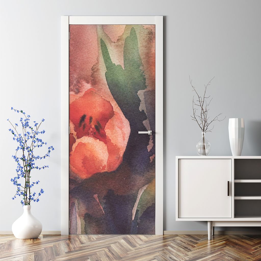 Dekorative Türposter Klebefolie selbstklebend Wandaufkleber Rote Tulpen Aquarell 85 x 200 cm