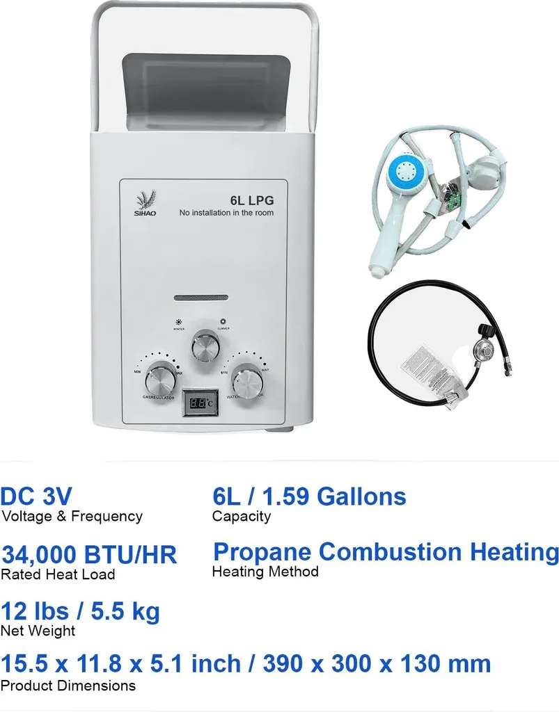 Chauffe-eau à gaz portable 6L HX-5502 avec affichage digital et douche