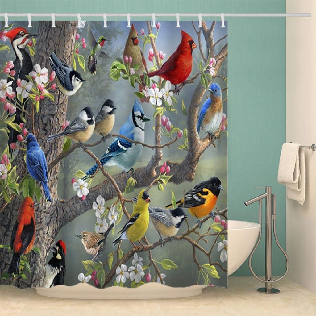 Duschvorhang mit Vogelmotiv 120x180 cm Polyester-Duschvorhang mit Vogelmotiv, schimmelresistent, mit 12 Haken, antibakteriell, waschbar, wasserdich...
