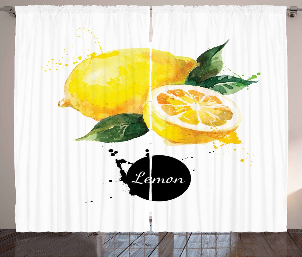 ABAKUHAUS Obst Rustikaler Vorhang, Sour Citrus-Zitronen-Entwurf, Wohnzimmer Universalband Gardinen mit Schlaufen und Haken, 280 x 245 cm, Schwarz G...