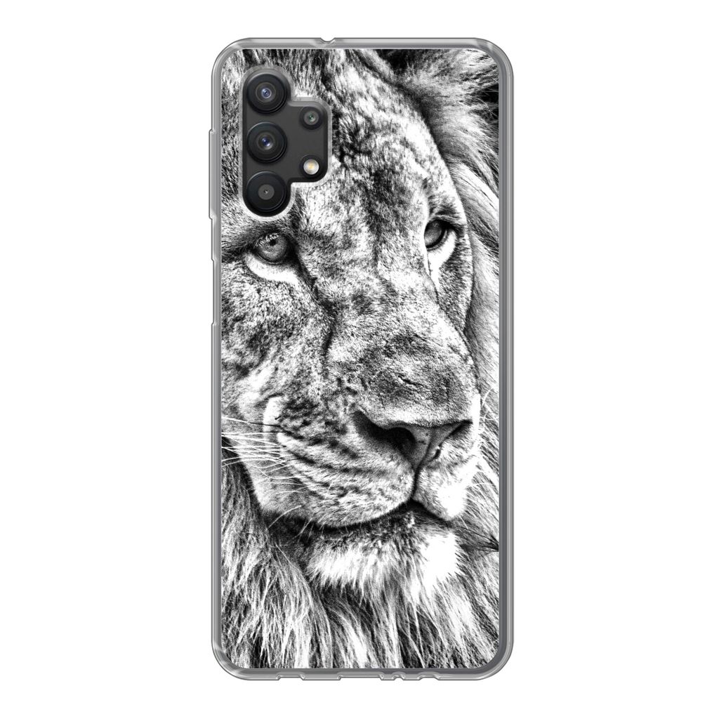 MuchoWow Handyhülle Schutzhülle Hülle für Samsung Galaxy A32 5G Porträt - Löwe - Schwarz und weiß Silikon Softcase Handy Hülle - Softcase