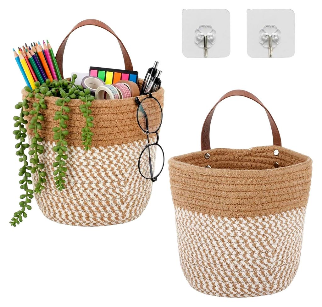 2 Stück Hängekörbe aus Baumwollseil, 16 x 18 cm Wandkörbe mit Griff für Bad, Küche und Zimmer, Hängeaufbewahrung, Home Organizer, Geschenk, ...
