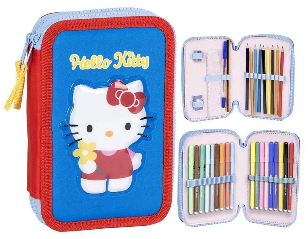 Hello Kitty Federmäppchen 2-Fach befüllt Blau Schule Sanrio Produktbild 