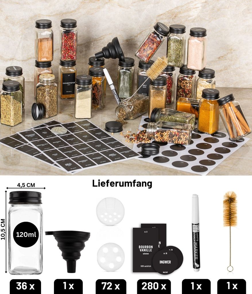 Set 24 Barattoli Spezie In Vetro 120 Ml Con Coperchi Metallici, Etichette E Inserti Dosatori – Organizer Cucina - 3