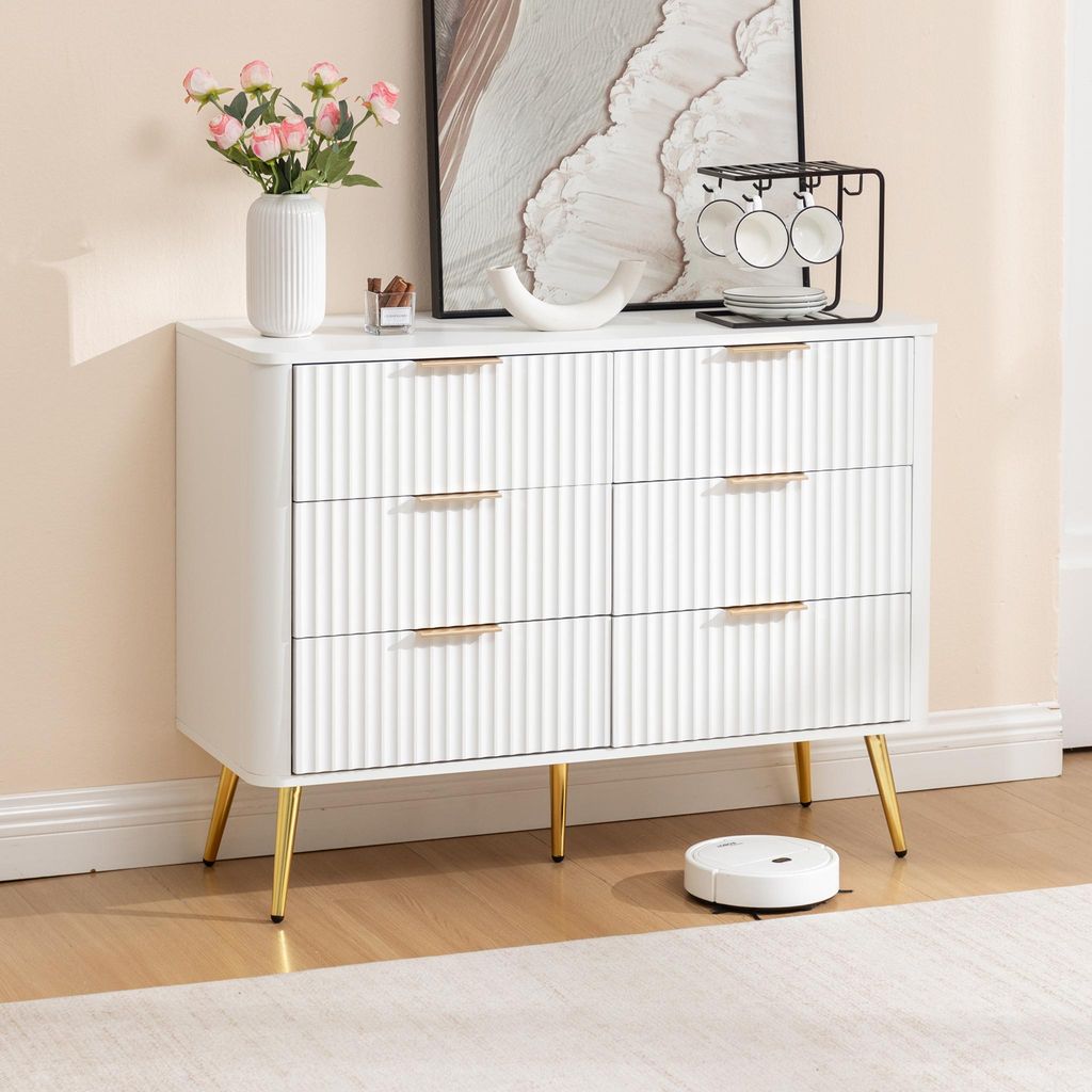 Kommode Wei? mit 6 Schubladen Moderner Schubladenschrank aus MDF Eleganter W?scheschrank mit Soft-Close-Schienen Metallgriffen und 20cm Hohen Beine...