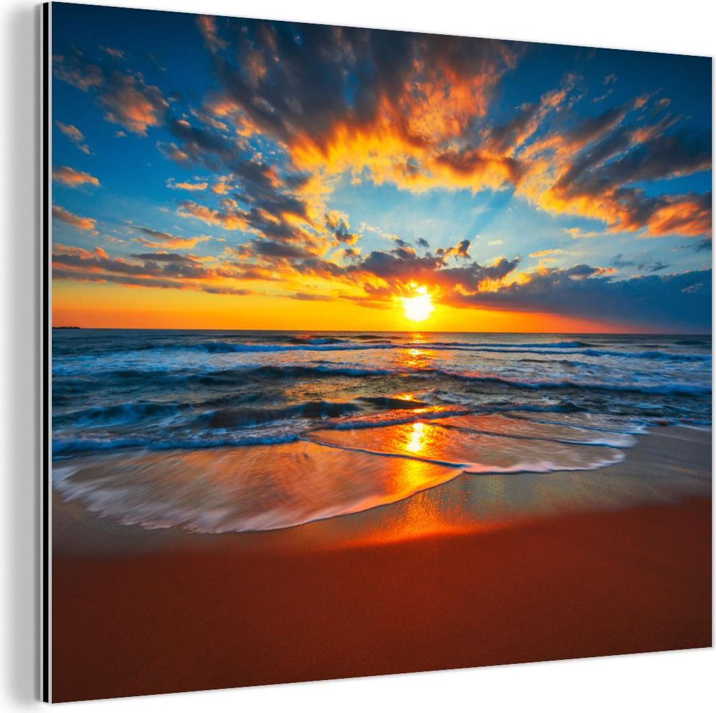 MuchoWow Wanddekoration Metall Metallbild Wandkunst 40x30 cm Meer - Sonnenuntergang - Strand - Wolken - Orange MuchoWow Aluminium Gemälde - Dekora...
