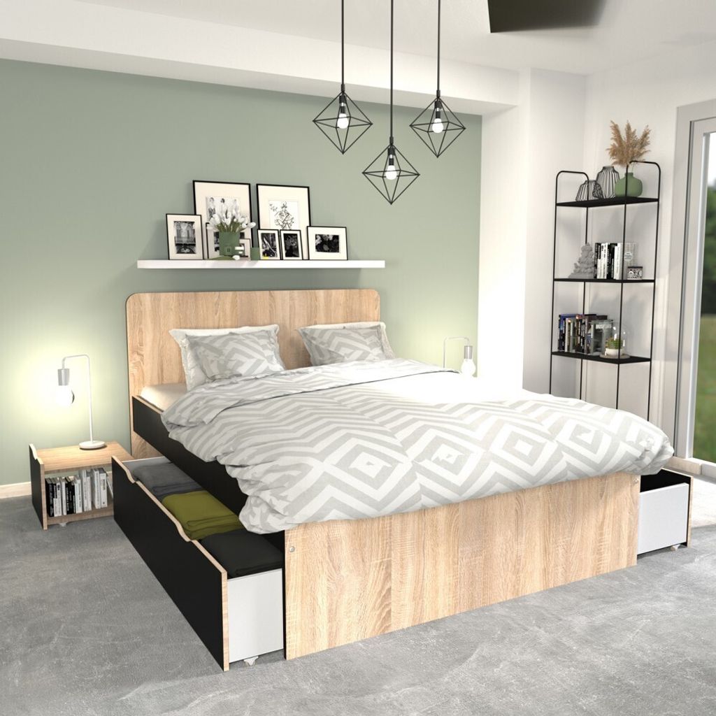 DOPPELBETT ZENIA / Bett 140x190 + 2 Konsolen + 2 Schubladen - Eiche gebleicht & schwarz