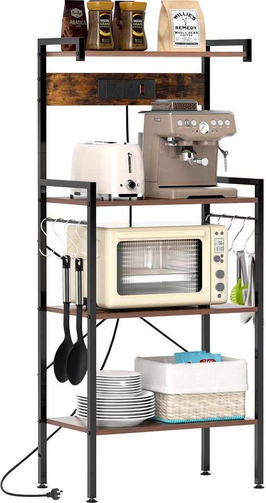 A multi-tiered kitchen baker's rack with appliances and kitchenware.