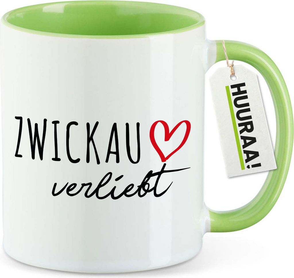 Huuraa Kaffeetasse Zwickau verliebt 330ml Grün Keramik Kaffeebecher Geschenkidee