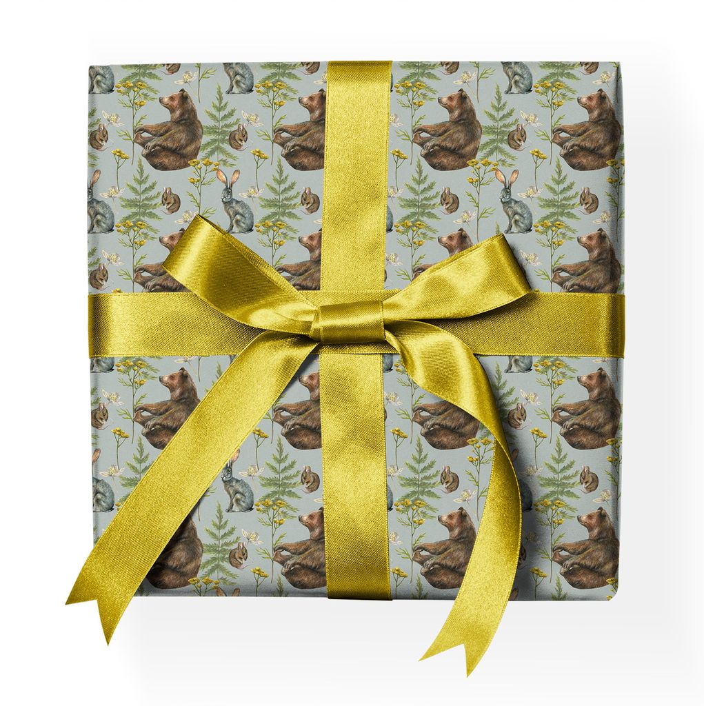 Zauberhaftes Wald Natur Geschenkpapier mit Bär Maus Hase Farn, grün - G23075, 32 x 48cm