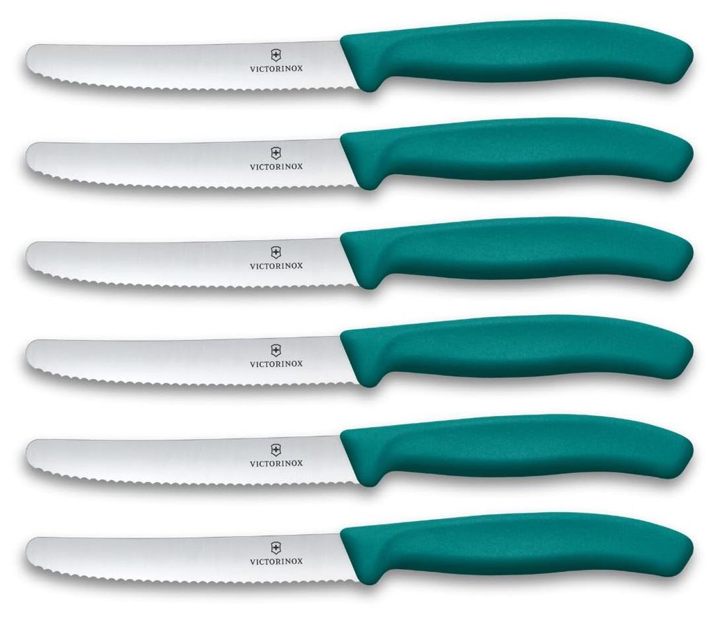 Victorinox Swiss Classic Profi Tomaten- und Tafelmesser-Set, 6-teilig, Wellenschliff, Scharfe Klingen, 11 cm, Robuste Kunststoffgriffe, Grün