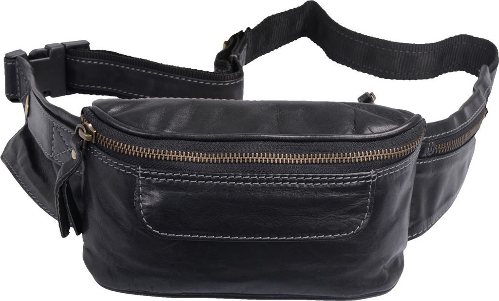 Gürteltasche Leder Lederbauchtasche mit Metallreißverschluss schwarz