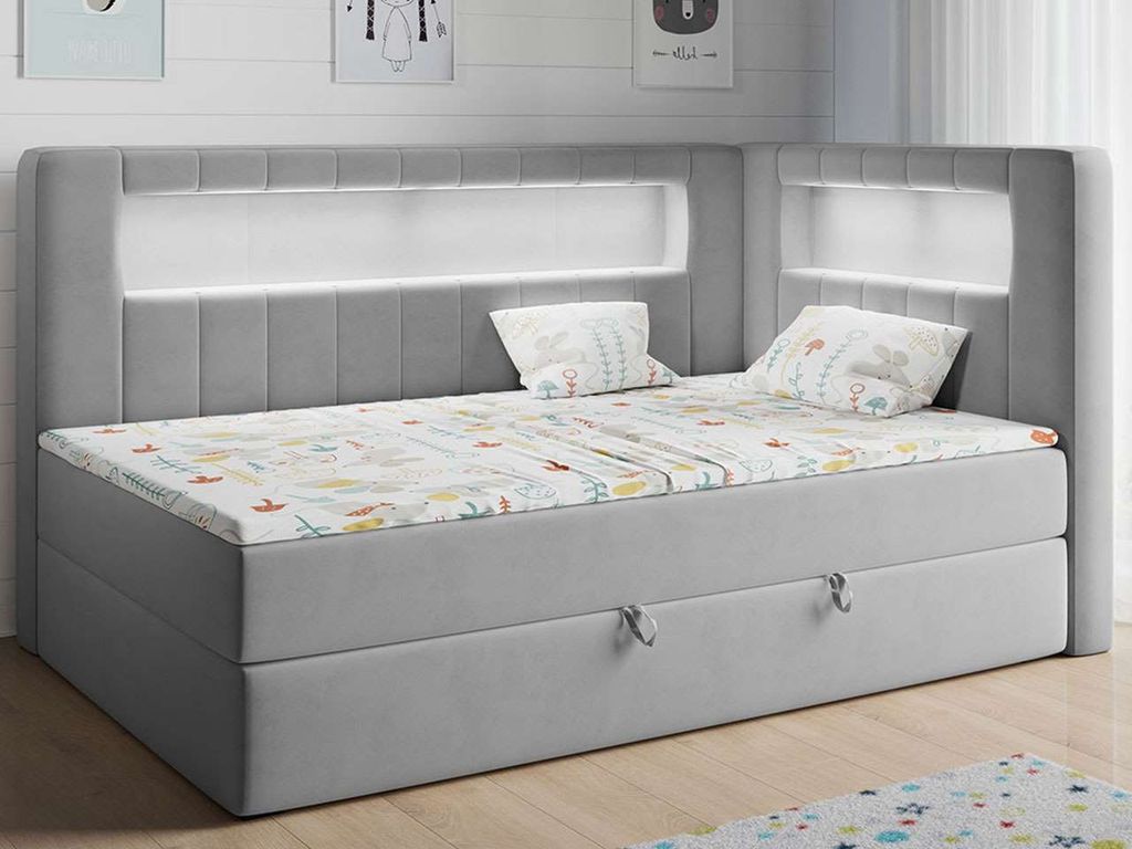 Polsterbett 90x200, Kinderbett mit LED, Matratze und Topper - JUNIOR-GOLD-3 - Grau - Rechte Seite