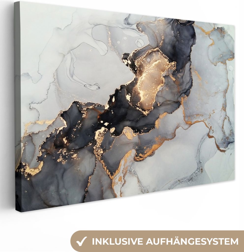 MuchoWow - Leinwandbilder - Schwarz - Marmor - Luxus - Gold, Wandbild, Wanddeko Bilder Wohnzimmer, 60x40 cm