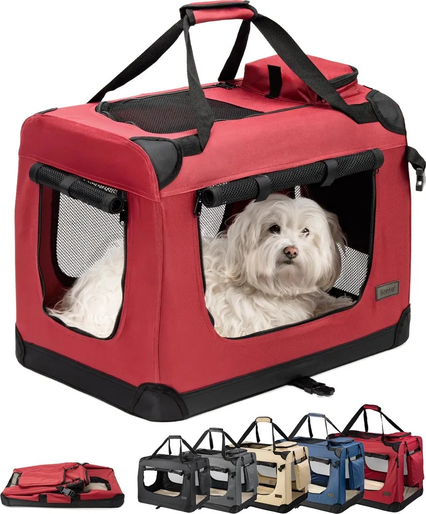 box pieghevole per il trasporto del cane, robusto box in tessuto con inserti in rete, ideale per l'auto, i viaggi e il veterinario, 60x42x44 cm, rosso scuro