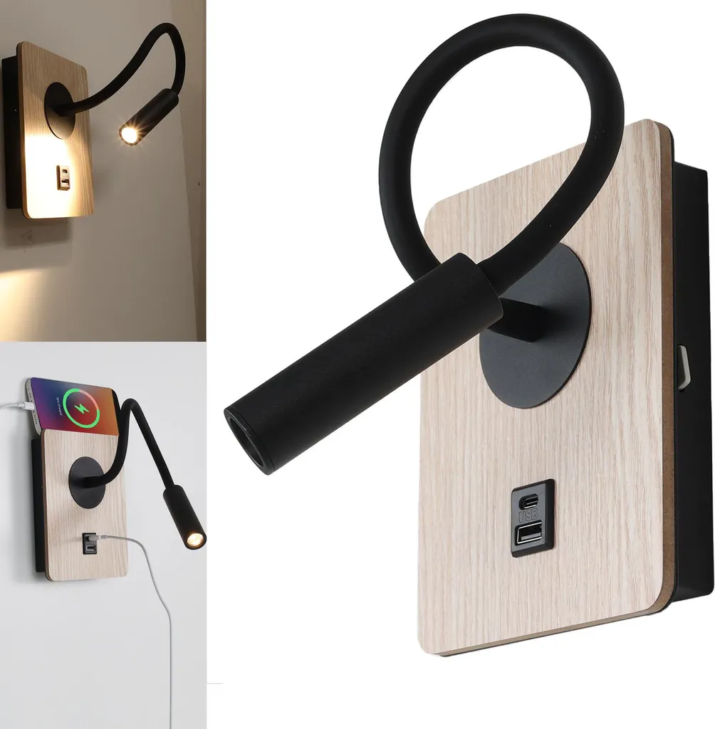 Applique in nero e legno con faretto flessibile da 3 W, connessione USB e tipo C, interruttore con chip CREE.