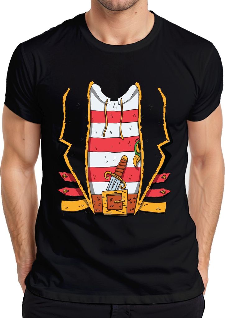 Seeräuber Pirat Dolch Gürtel gestreift Weste Karneval Vintage Herren T-Shirt, Schwarz, S