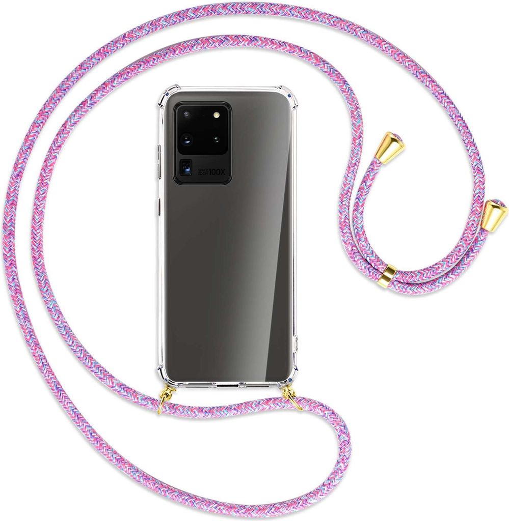 Handykette Backcover-Schutzhülle mit Band (Metall goldfarben) für Samsung Galaxy S20 Ultra - lila/rosa/blau