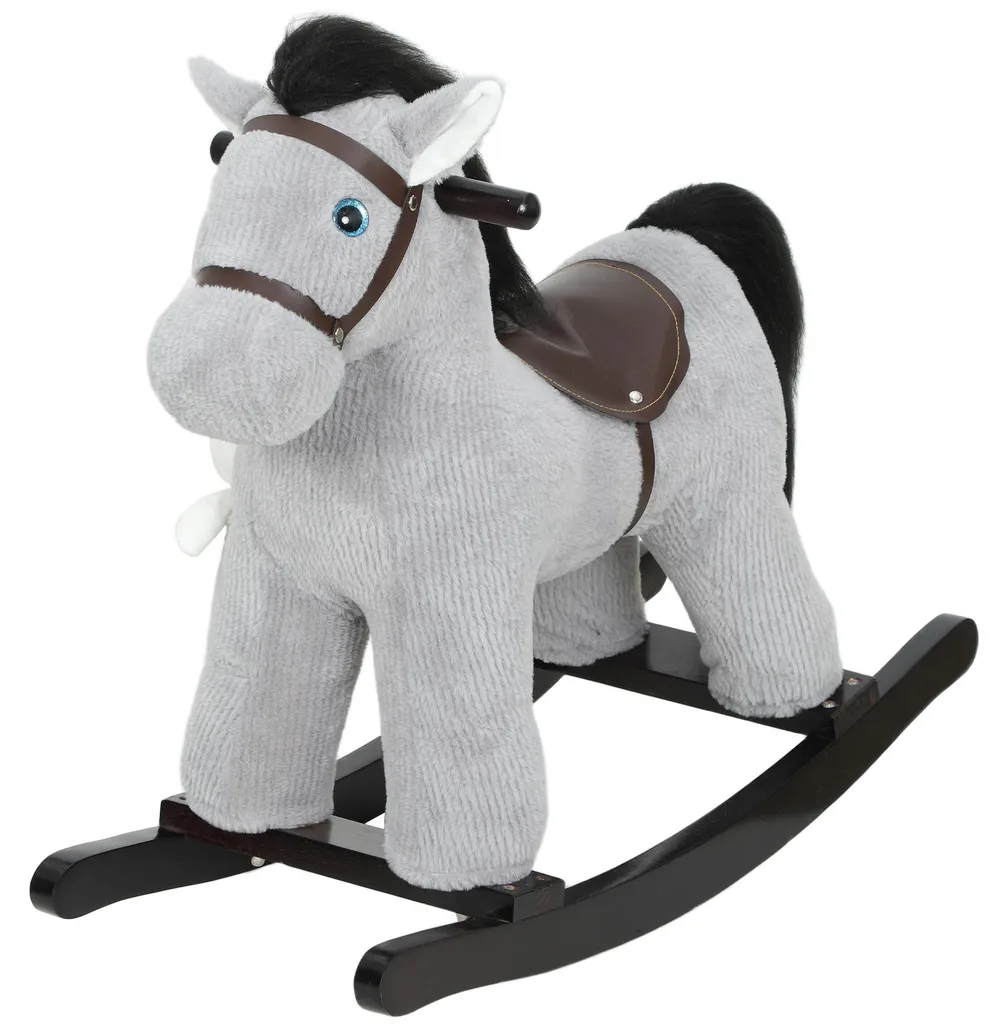 Cheval à bascule gris en peluche pour enfant avec sons - 71x26x55 cm