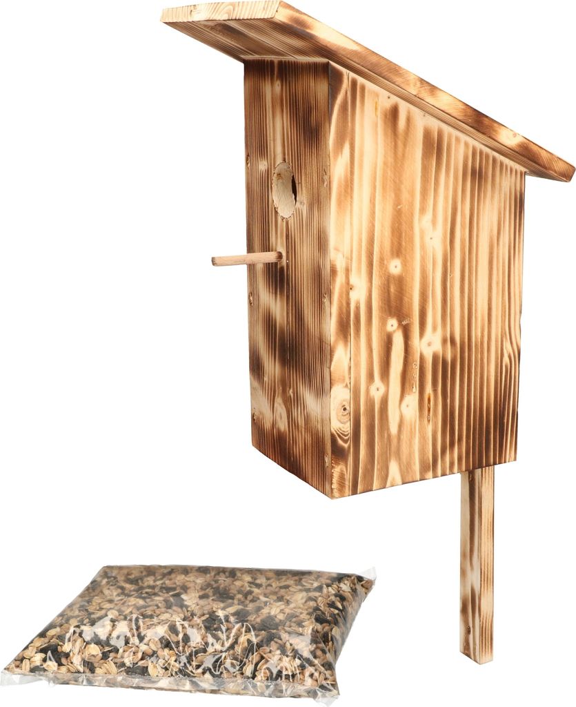 KOTARBAU Nistkasten Vogelfutterkasten Vogelfutterhaus Vogelkasten aus Gebranntem Holz + Futter Gratis