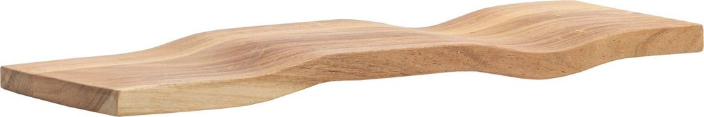 Wandregal Akazie 60 cm Wellendesign in Seitenansicht mit organisch geschwungener Holzform aus Massivholz.