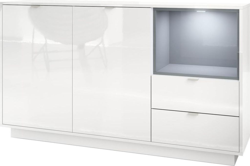 Vladon Sideboard Kommode Metro, Germany, Korpus in Weiß Hochglanz / Fronten in Weiß Hochglanz mit Einsatz in Grau Hochglanz, inkl. LED Beleuchtung