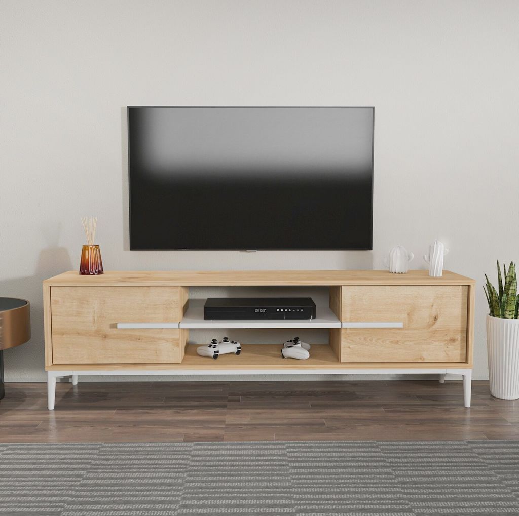 Skye Decor, Eslem - Oak, White, Fernsehtisch, Eiche, 100 % MELAMINBESCHICHTETE SPANPLATTEN, 120 x 29,6 x 43,6 cm