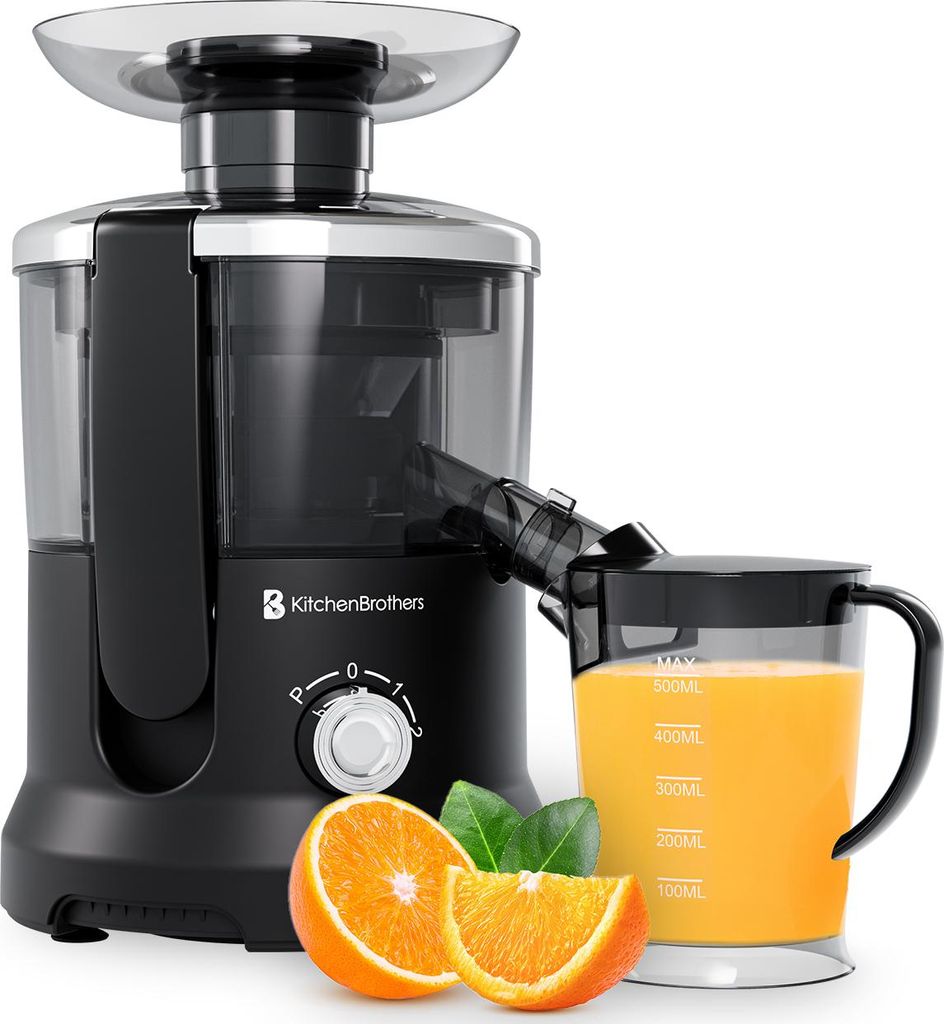 KitchenBrothers Entsafter - Für Obst und Gemüse - Zentrifugalentsafter - Mit Fruchtfleischbehälter - 500ml - 600W - Schwarz