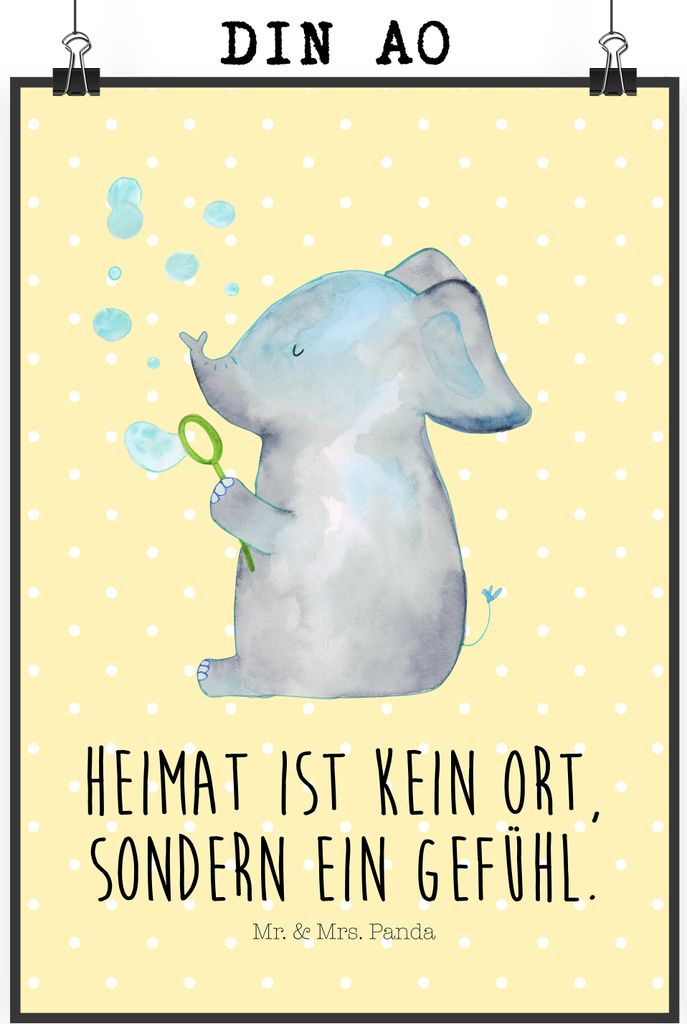 Mr. & Mrs. Panda Bild Elefant Seifenblasen DIN A0 - Gelb Pastell - Geschenk, Elefanten, Wanddekoration, wanddeko, Heimat, kunstdruck poster, Lustig...