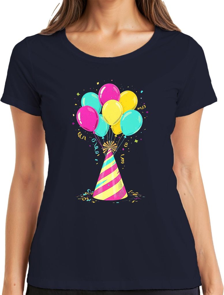 Clown Hut Ballons Konfetti Partyhut Bunt Karneval Geschenk Damen T-Shirt, Navy, XXL