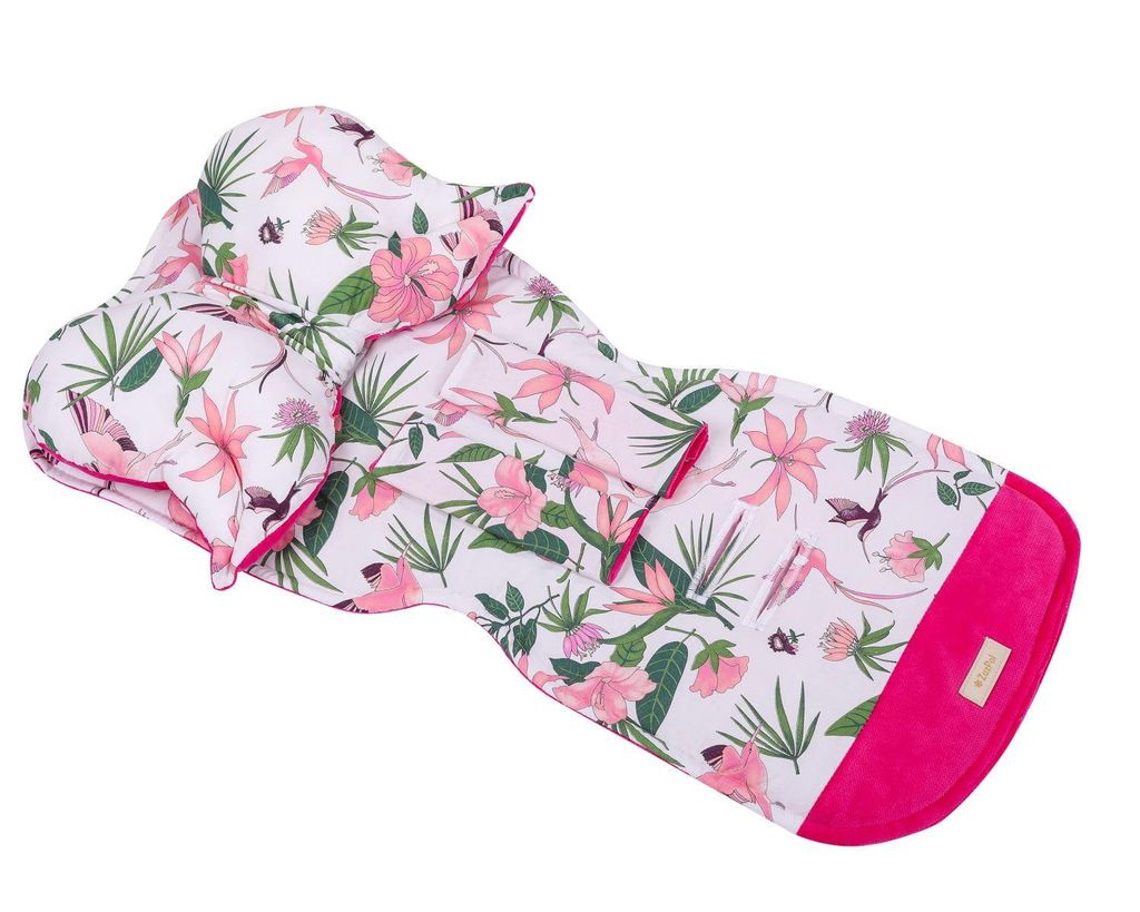 Universal Waffelpiqué Kinderwagenauflage mit Kissen | Atmungsaktive Buggy Sitzeinlage Baumwolle | Sommer Kinderwagen-Matratze | Farbe: Rosa, Blumen