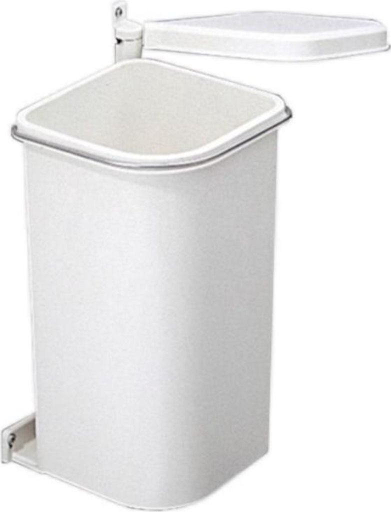 A white trash can with a lid attached to a wall mount.
