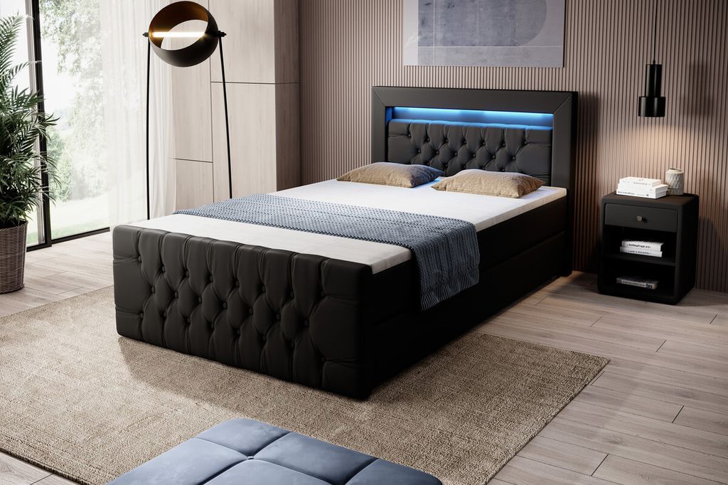 Moebelfest Boxspringbett 120x200 cm mit Bunt LED-Beleuchtung: Polsterbett mit Bettkasten, Taschenfederkernmatratzen 7 Zonen, Topper sowie Kopf- und...