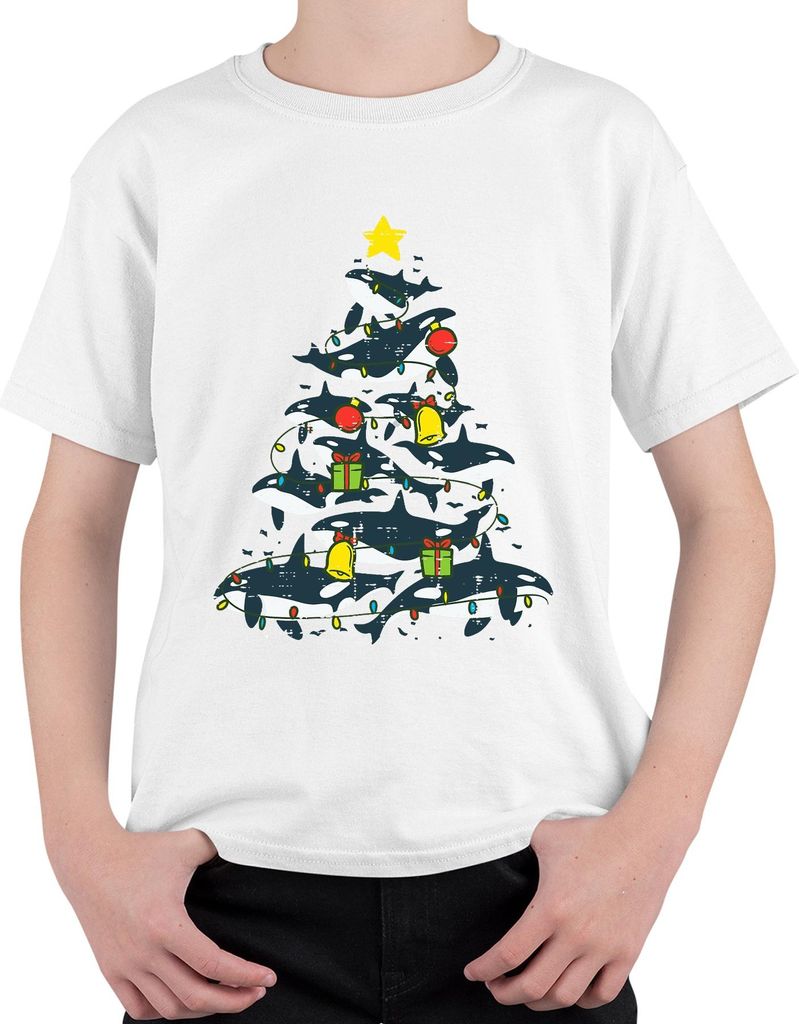 Orca Weihnachtsbaum Killerwal Lichterkette Geschenke Glocken Uni Kinder T-Shirt, Weiß, 116