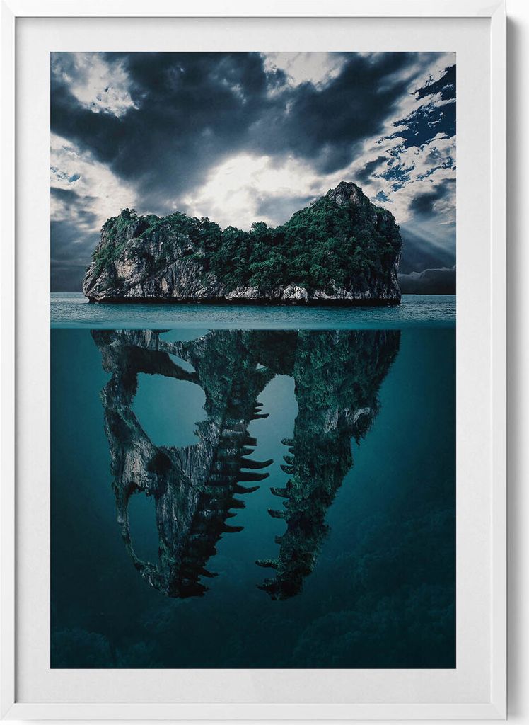 Abstrakte Illustration einer Totenkopfinsel– Wandbild mit Rahmen – Gerahmtes Bild – Wanddekoration – 70x100 cm – Weiß Rahmen