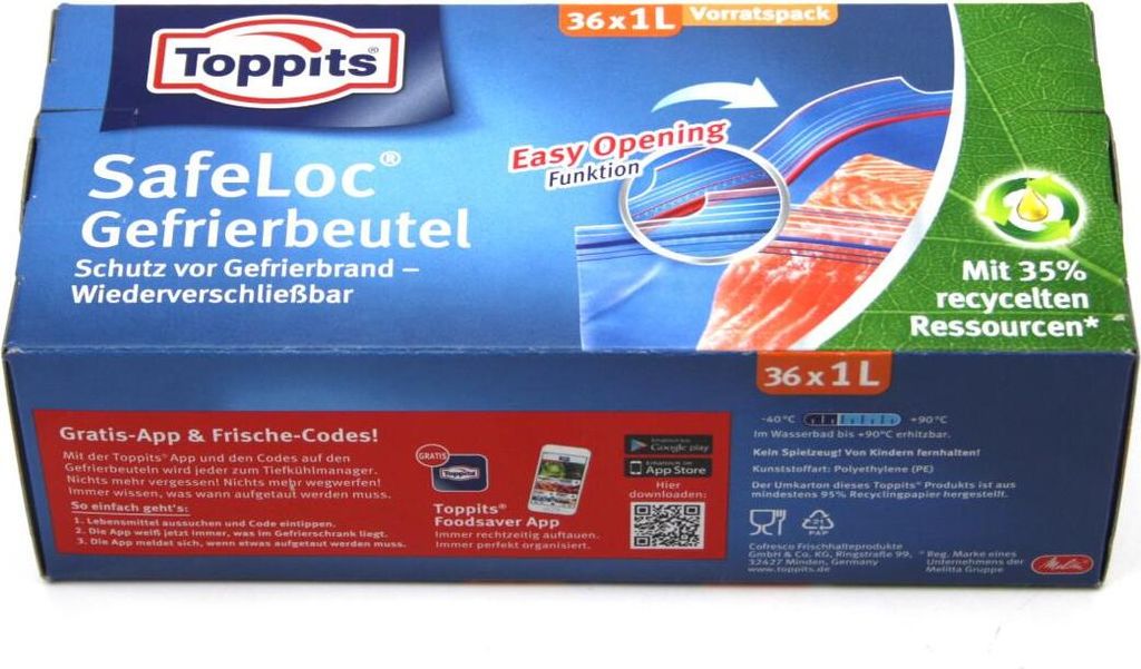 Toppits SafeLoc Gefriebeutel 36 x 1 L kein Gefrierbrand recycelt Beutel