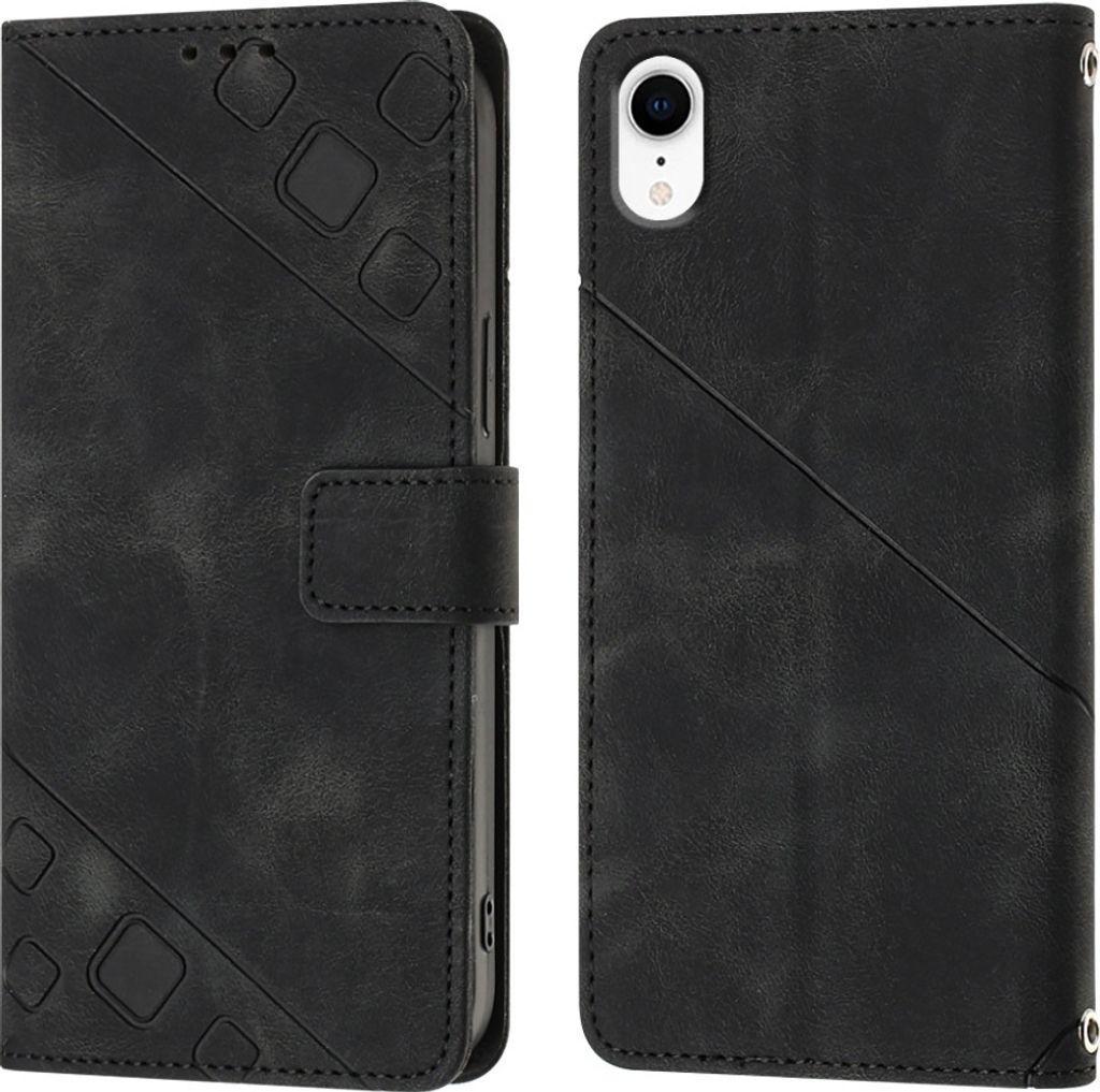 Hülle für iPhone XR Prägung Flip Leder Brieftasche Schutzhülle mit Ständer Schwarz