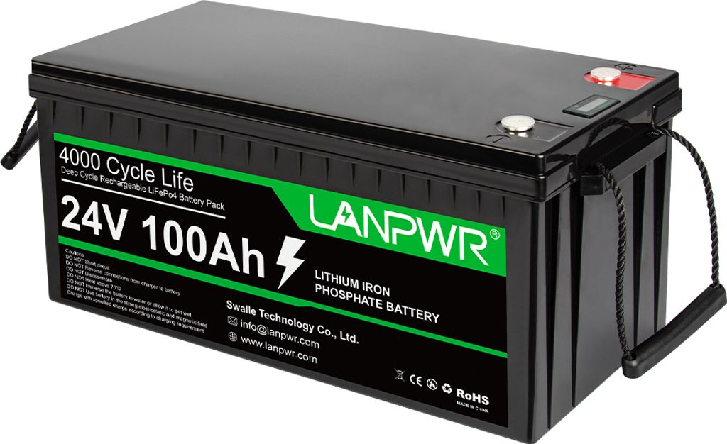 LANPWR 24V 100Ah LiFePO4 Lithium-Akkupack, Notstromversorgung, 2560 Wh , 4000+ Tiefentladezyklen, integriertes 100A BMS, 100 %DOD, Serie/Parallel