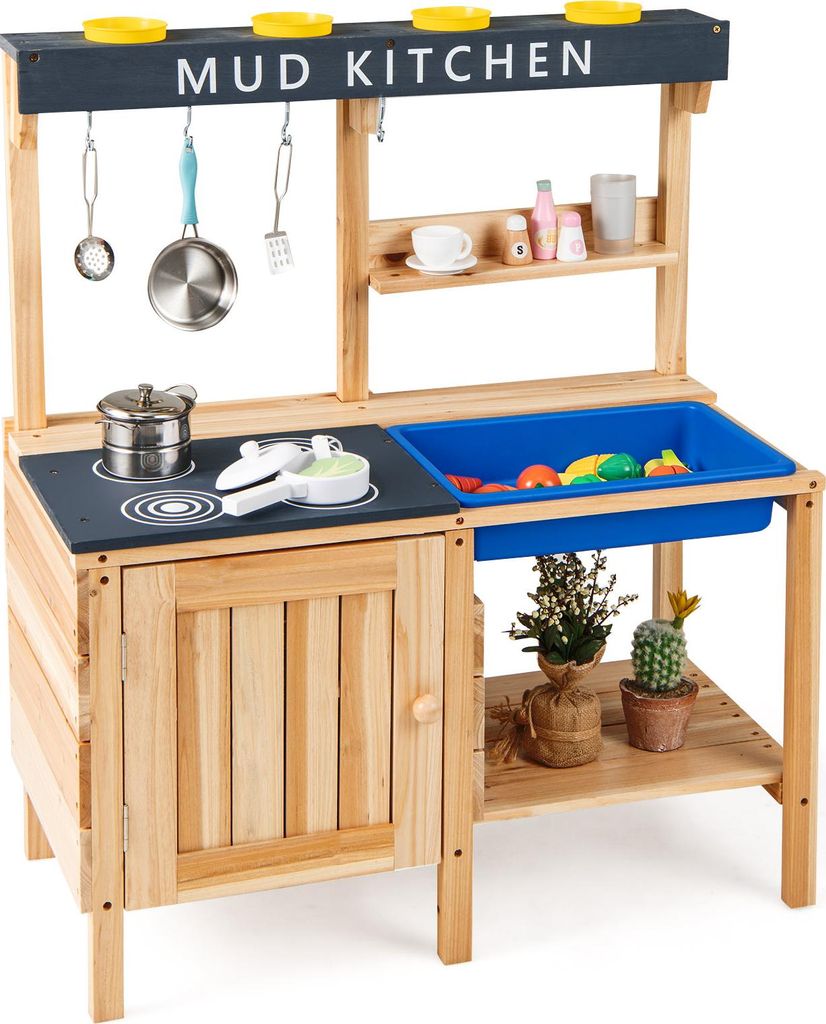 COSTWAY Matschküche Kinder Outdoor, Holz Spielküche mit abnehmbarem Waschbecken, Zubehör, Schrank, 2 Ablagefächern, Becherhalter&Haken, für Ki...