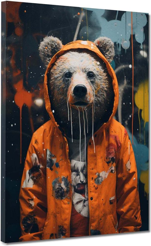 Bär im Regenmantel Leinwandbild Wandbild abstrakt Kunstdruck XL Wanddeko: 60x80x2cm