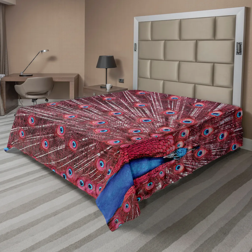 Drap de lit hypoallergénique bleu bordeaux motif paon 244 x 205 cm