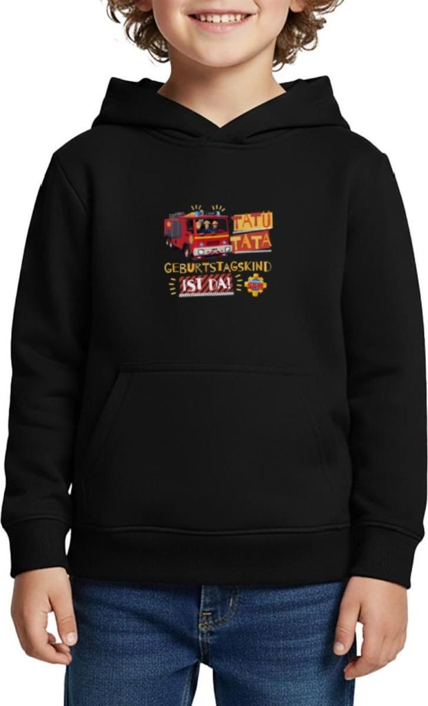 Spreadshirt Feuerwehrmann Sam Tatü Tata Geburtstagskind Kinder Premium Hoodie, 146/152 (10 Jahre), Schwarz