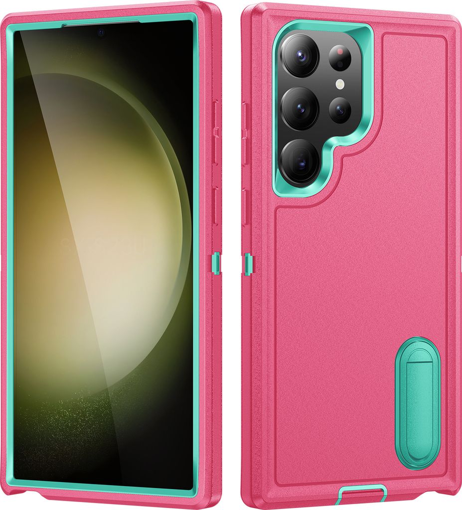 Hülle für Samsung Galaxy S23 Ultra Hybrid Dreilagige Robust Stoßfest Schwerlast Schutzhülle mit Ständer Rosa