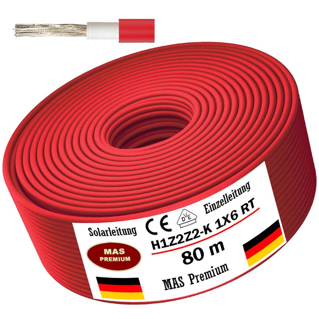 80m Solarleitung Solarkabel H1Z2Z2-K 6 mm² Rot Photovoltaik Halogenfrei