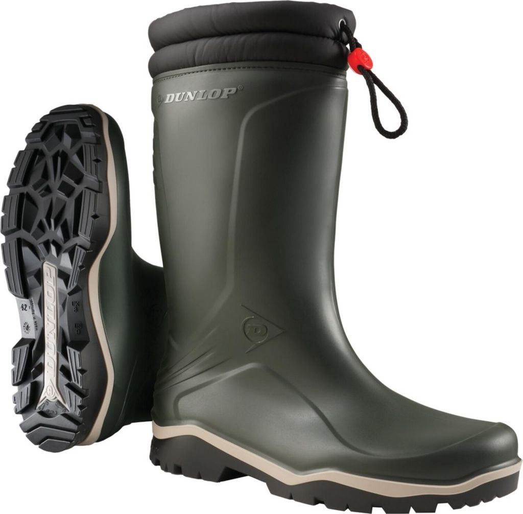 A pair of green Dunlop winter boots shown against a white background.