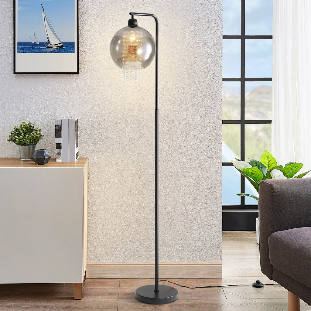 Lampadaire Design Boule de Verre Cristal Gris - Lampe E27 avec Pédale