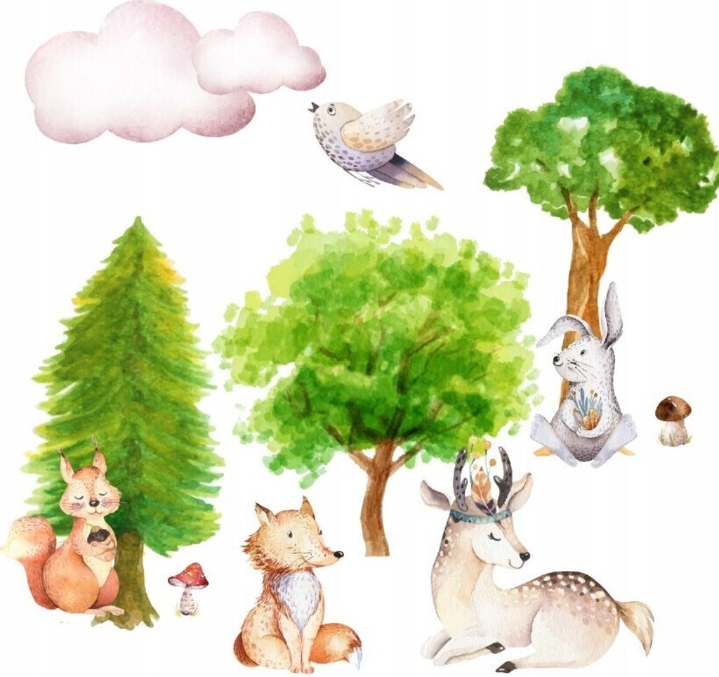 Wandtattoo Gemalter Wald, Tiere, mit umweltfreundlichen, geruchsneutralen Druckfarben - Wandsticker, Wandaufkleber Kinder 150 x 250 cm