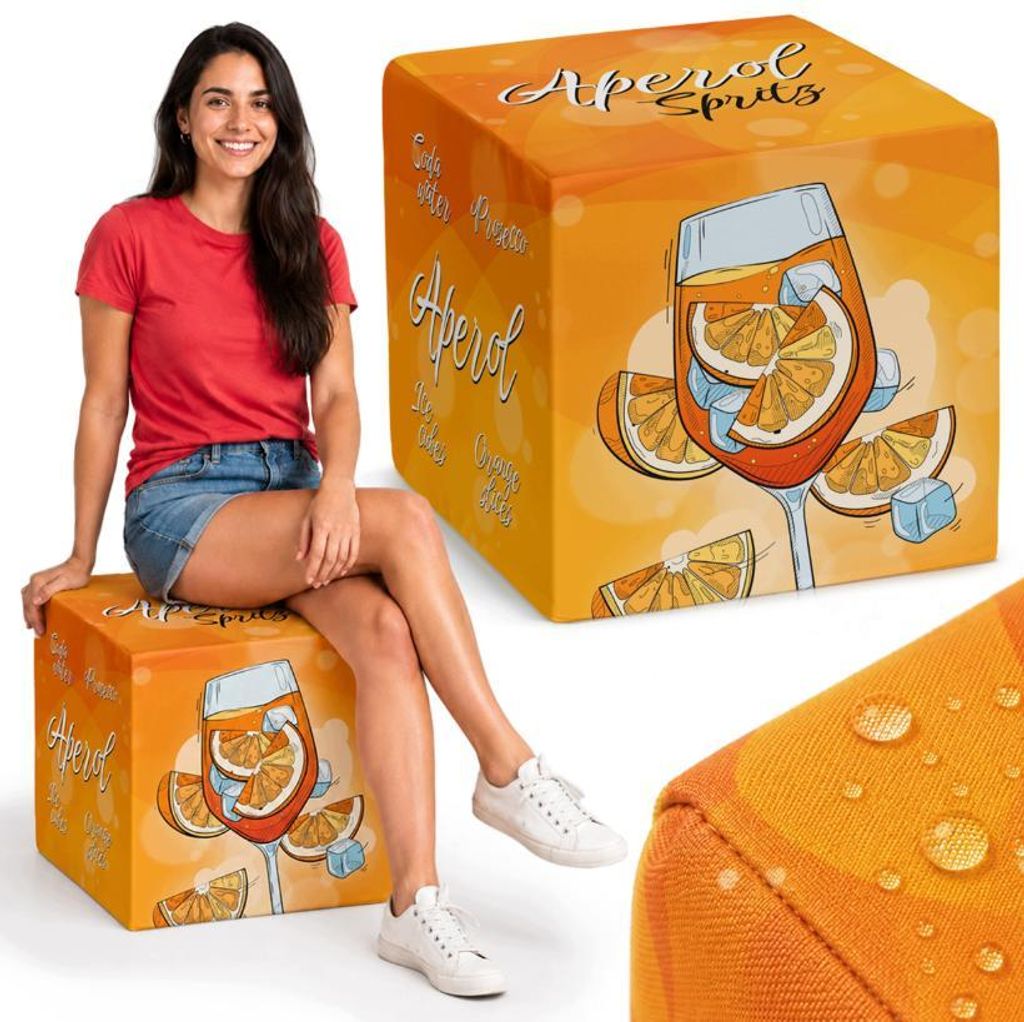 Quadratischer Sitzpouf Aperol Spritz – Bequemer Hocker für Wohnzimmer & Schlafzimmer – Polsterhocker
