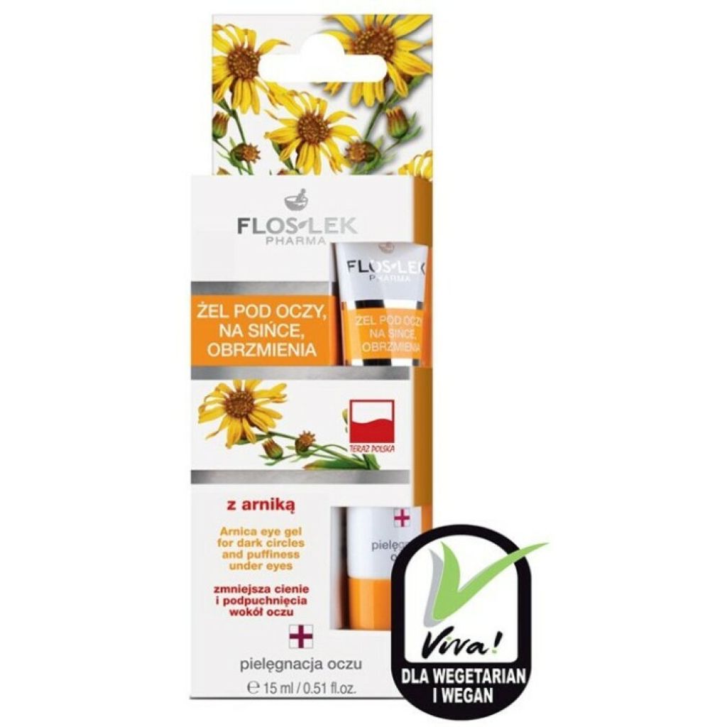 A product box for an eye gel with illustrations of flowers and text describing the product.